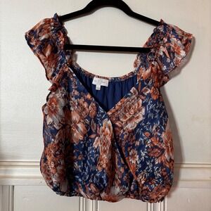 Love & Piece Collective Women's Large Floral Cropped Blouse Ruffle Sleeve